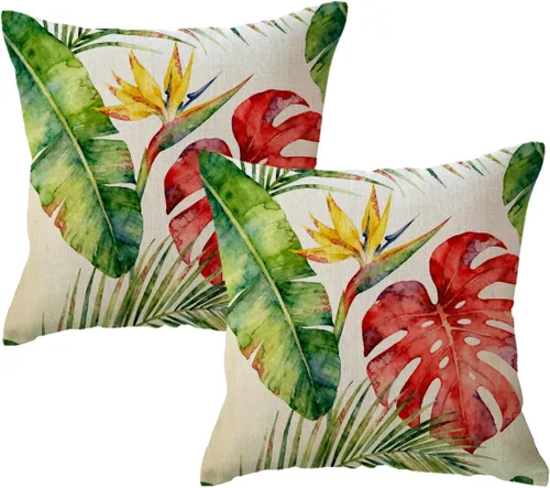 Miniatura 11 de Juego de 2 fundas de almohada de hojas de Monstera con diseño de hojas de palmera tropical, con temática botánica, fundas de almohada decorativas