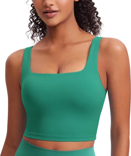 Miniatura 53 de CRZ YOGA Butterluxe Brasier deportivo de cuello cuadrado para mujer, estilo camiseta corta sin mangas, acolchado con soporte integrado para yoga