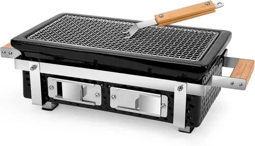 Miniatura 10 de ONLYFIRE GRILLS Parrilla de carbón Hibachi de cerámica con elevador de rejilla, parrilla Yakitori portátil de 14 pulgadas con rejilla de acero