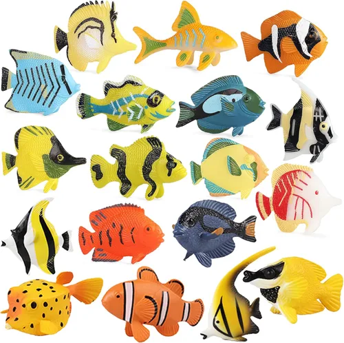 SCAHOW 18 juguetes de peces tropicales para niños, juguetes surtidos de criaturas marinas en miniatura, peces de juguete falsos, mini figuras de