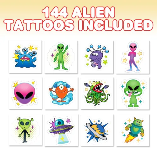 ArtCreativity Tatuajes temporales individuales para niños, paquete de 144 tatuajes de alienígenas precortados, 12 diseños surtidos, tatuajes de