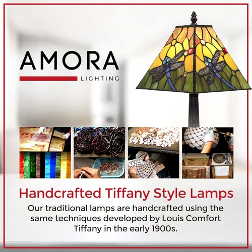 Miniatura 9 de Amora Lámpara de mesa vintage Tiffany – Luz nocturna de mesa de libélula azul floral – Lámpara de mesa de noche de cristal amarillo y verde