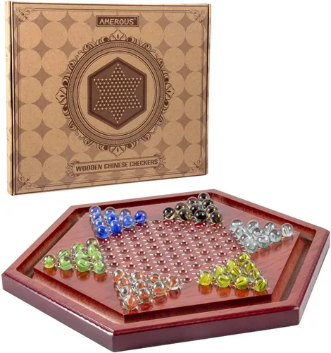 AMEROUS Juego de mesa de damas chinas de madera de 13.6 pulgadas con 60 canicas de vidrio coloridas, juego de estrategia clásico para niños,