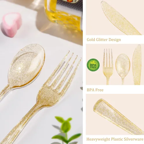 Miniatura 8 de Supernal Juego de 300 piezas de cubiertos de plástico dorados con purpurina desechables. Incluye 100 tenedores, 100 cucharas y 100 cuchillos. Sirve