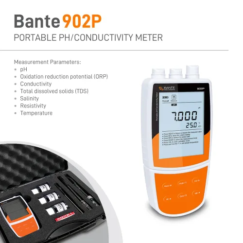 Miniatura 2 de Medidor de conductividad de pH portátil Bante 902P Medidor multiparámetro para medir pH, conductividad, TDS, salinidad, resistividad, ORP