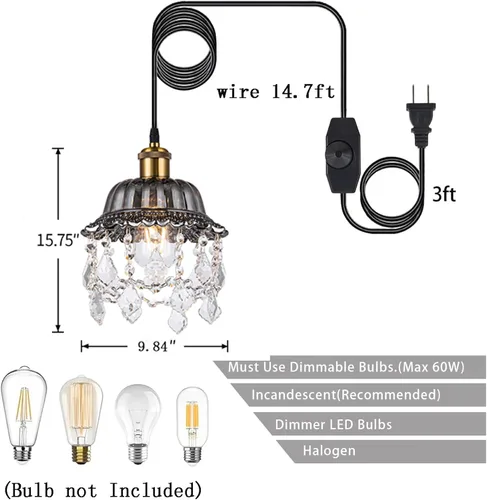 Miniatura 3 de Lámpara colgante de cristal gris claro con cable enchufable de 14.7 pies e interruptor de atenuación de encendido/apagado, lámpara de araña