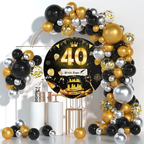 Miniatura 3 de Letrero luminoso de feliz cumpleaños de 40 años, decoración de fiesta para hombres, fondo de cumpleaños LED negro y dorado, carpa redonda, cartón
