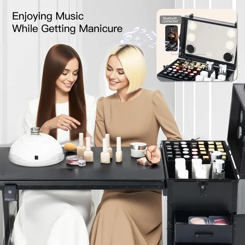 Miniatura 2 de Mesa de manicura portátil rodante con 3 cajones, estuche de maquillaje con cerradura con espejo y organizador de esmalte de uñas, escritorio de uñas