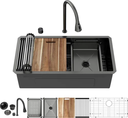 Miniatura 13 de Kichae fregadero de cocina bajo encimera de 32 pulgadas, de un solo tazón, de acero inoxidable, calibre 16, de esquina redonda, hecho a mano