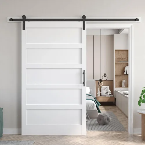 Miniatura 44 de Fredbeck Puerta de granero blanca de 30 x 84 pulgadas con kit de herrajes para puerta corredera de 5.5 pies incluido y asa, sólida, MDF, superficie