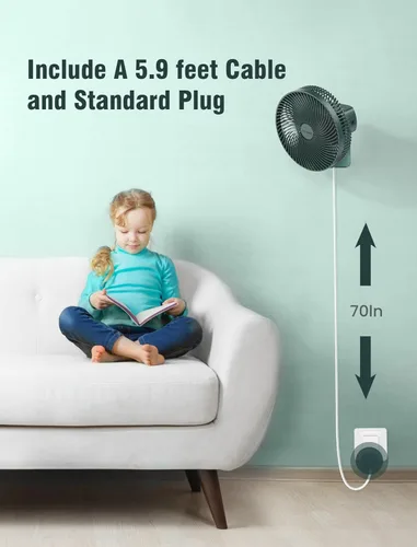 Miniatura 7 de Comoistar Ventilador pequeño oscilante de 10 pulgadas para montaje en pared con control remoto y temporizador, 4 velocidades, adaptador incluido