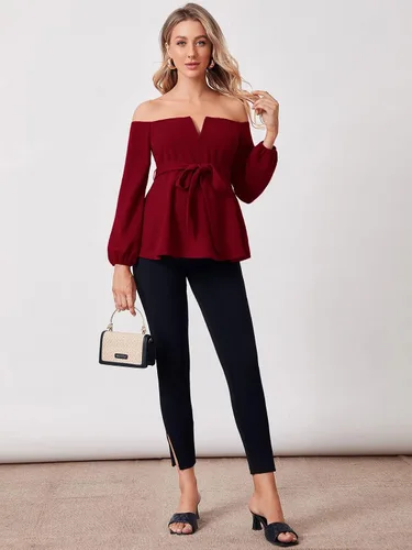 Miniatura 6 de Floerns Blusa de maternidad de manga larga con cinturón y hombros descubiertos para mujer