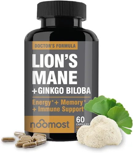 NooMost Cápsulas de suplemento de hongos de melena de leones de 1080 mg con ginkgo biloba, energía, enfoque, claridad y apoyo de memoria,