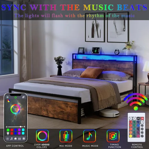 Miniatura 5 de HAUSHECK Base de cama LED de tamaño matrimonial con 2 cajones en ruedas, cabecera de almacenamiento, luces LED, puertos USB y tomacorrientes