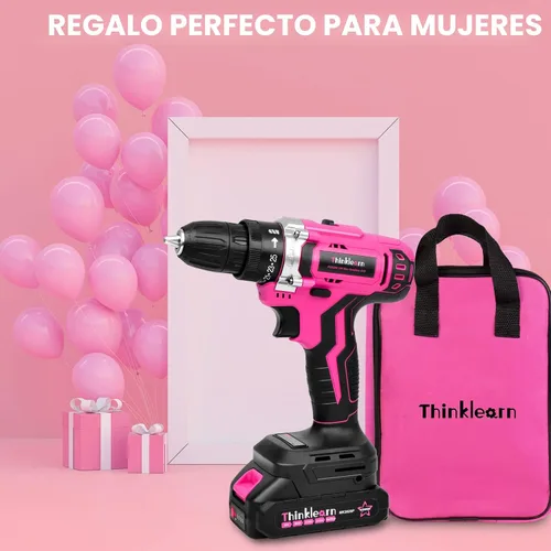 Miniatura 9 de Juego de taladro inalámbrico rosa, juego de taladro eléctrico de iones de litio de 20 V para mujer con 67 puntas de destornillador, portabrocas sin