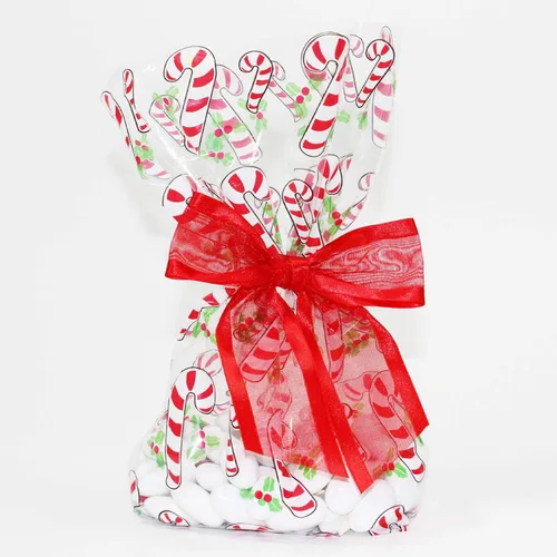 Saybrook Products Bastones de caramelo de celofán de Navidad con lazo de organza con lazo de organza Twist-Tie Juego de 10 bolsas reforzadas de 11 x