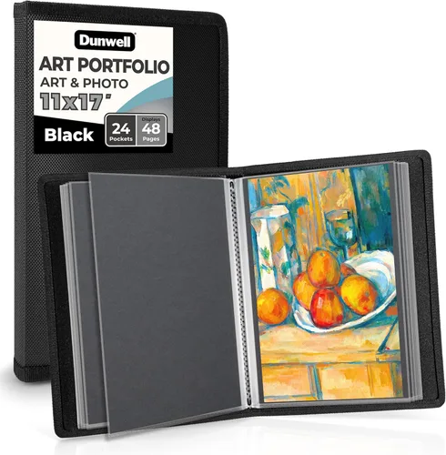 Dunwell Carpeta de álbum de portafolio de arte (negro) - Carpeta de cartera de 11 x 17 pulgadas para obras de arte, 24 fundas de plástico, libro de