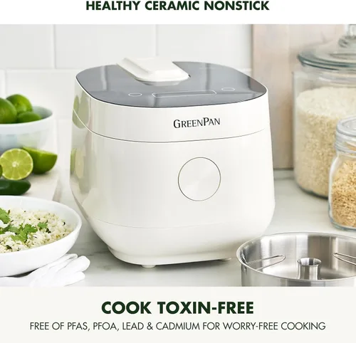 Miniatura 2 de Arrocera GreenPan, 8 tazas cocidas (4 sin cocer), modo bajo en carbohidratos y sopa, 10 ajustes de cocción de un toque, cesta de vapor de cerámica