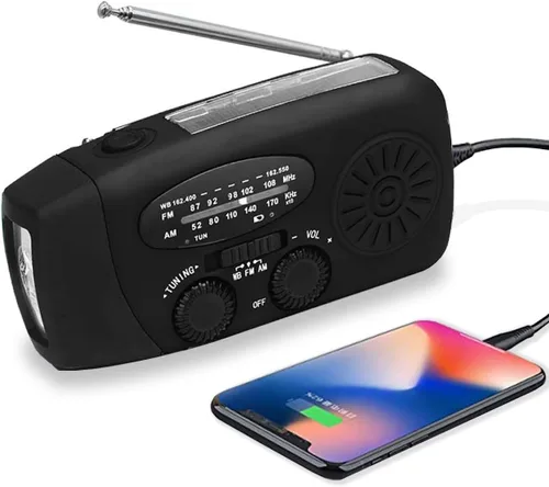 Radio meteorológica de emergencia NOAA de 2000 mAh, manivela portátil con energía solar, radio AM/FM, cargador de teléfono recargable con linterna