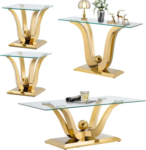 Miniatura 28 de SSLine Mesa auxiliar de cristal de lujo para sala de estar, mesa auxiliar moderna dorada con base de pedestal de acero inoxidable en forma de flor