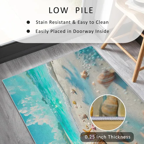 Miniatura 5 de J308 - Alfombra de pasillo con temática de playa de 2 x 4 pies, patrón de conchas marinas costeras, antideslizante, lavable, temática de playa