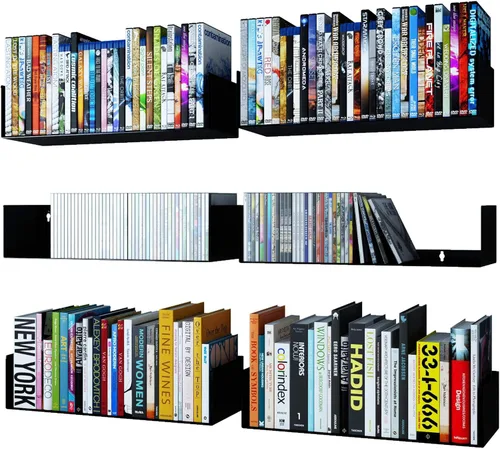 Wallniture Bali - Estantes flotantes en forma de U para pared, estantes de almacenamiento de CD y DVD y estantería de metal, juego de 6