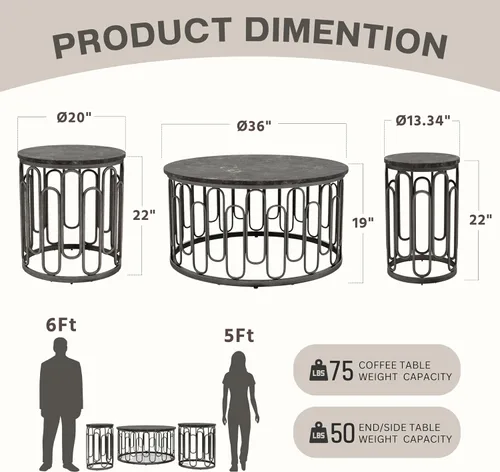 Miniatura 3 de Furniture of America Davis - Juego de mesa moderno de 3 piezas con parte superior de mármol, patas de metal resistentes y estante abierto para sala