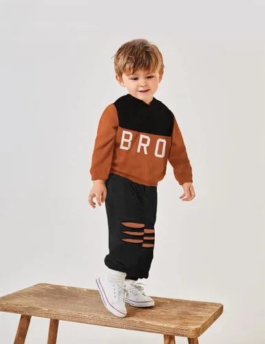 Miniatura 4 de Conjunto de ropa para bebé niño pequeño, sudadera con capucha de manga larga con estampado de letras, pantalones rasgados, conjunto de trajes