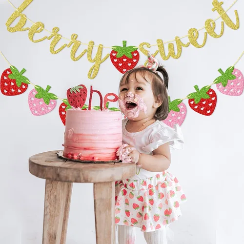 Miniatura 5 de Banner dulce de fresa y bayas, decoraciones de fiesta de fresa Suministros de fiesta temática de bayas de verano con purpurina dorada para baby