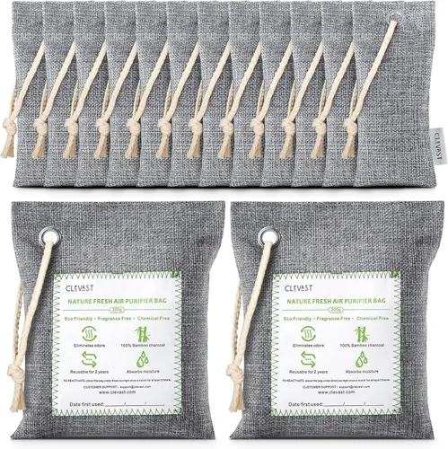 CLEVAST - 14 paquetes de bolsas purificadoras de aire de carbón de bambú activado (2 x 7.05 oz, 12 x 1.76 oz), absorbente natural de olores frescos,