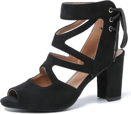 fereshte Women's Lace-Up Gladiator Sandals, Block Heel Open Toe Strappy Shoes