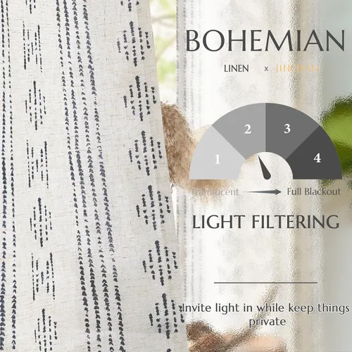 Miniatura 5 de jinchan Cortinas bohemias a rayas para sala de estar, cortinas de lino estilo granja de 63 pulgadas de largo, 2 paneles para dormitorio, mudcloth