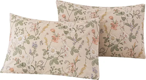 Miniatura 28 de ECOCOTT Floral Pillowcases Standard Size Set of 2, 100% Washed Cotton Pillow Cases with Envelope Closure, Beige Botanical Wildflower Printed Pillow