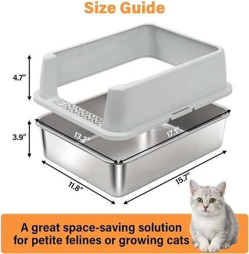 Miniatura 3 de Caja de arena de acero inoxidable con lados altos, pequeña caja de arena de metal para gatitos y gatos pequeños, cajas de arena para gatitos