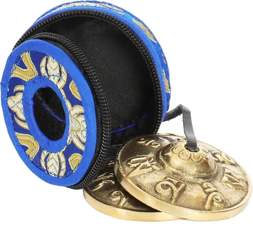 Ohm Store Campanas tibetanas de mantra tingsha con estuche azul, accesorio de meditación hecho a mano para atención plena, yoga y sanación de sonido