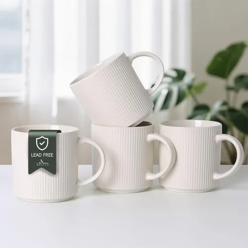 Miniatura 14 de MONITO Juego de 6 Tazas de Café de 16 Oz, Juego de Tazas de Café de Cerámica Rústica con Mango Grande, Vintage, Tazas de Café de Gres Rayadas