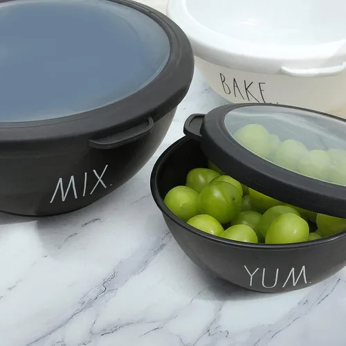 Miniatura 5 de Rae Dunn Tazones para mezclar con tapas, juego de 10 cuencos de plástico anidables incluye 5 tazones de preparación y 5 tapas (negro)