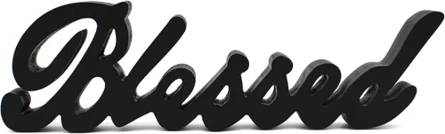 Miniatura 2 de CVHOMEDECO. Letrero de madera con texto en inglés «Blessed» para regalo y mesa/estante/decoración de pared del hogar/oficina, negro mate, 15 x 4-1/4