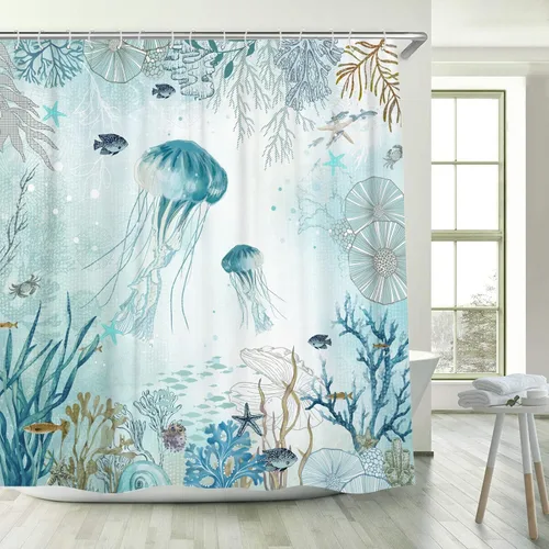 Miniatura 7 de Neasow Cortina de ducha náutica, cortinas de ducha con diseño de medusas verde azulado con 12 ganchos, cortina de baño coral de 72 x 72 pulgadas