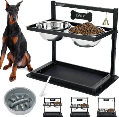 Miniatura 15 de SHAINFUN Soporte elevado para cuenco de perro rosa con dos cuencos de comida de acero inoxidable de 1700ml, comedero de alimentación lenta y Rosa