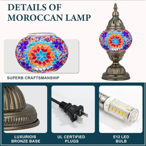 Miniatura 4 de Marrakech Lámpara de vidrieras marroquíes con estilo Tiffany, lámparas de mosaico turco hechas a mano con base de bronce, incluye bombilla LED