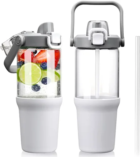 Miniatura 17 de Vaso de vidrio con asa de transporte, botella de agua de vidrio transparente con tapa a prueba de fugas, tapa de boquilla y popote, sin BPA, 32
