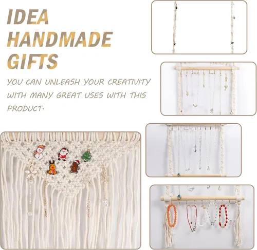 Miniatura 3 de Teniinet Organizador colgante de joyas, colgador de collar de macramé bohemio montado en la pared con 30 ganchos, soporte de joyería colgante