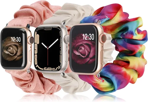 Miniatura 9 de TOYOUTHS - 3 paquetes compatibles con Apple Watch Band Scrunchies 1.496 in (38 mm) tela suave patrón impreso pulsera de tela para mujer iWatch