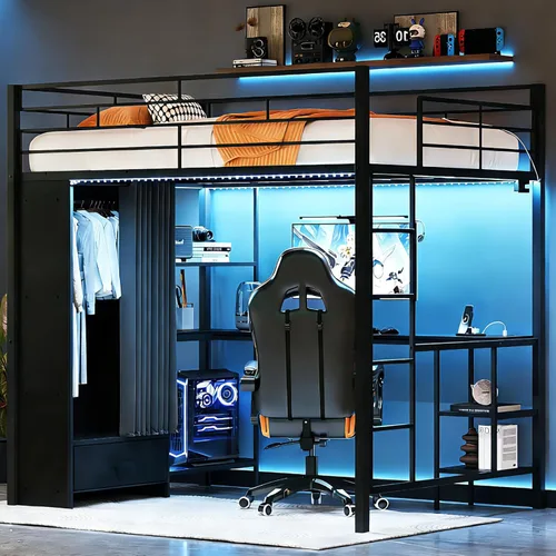 Miniatura 16 de VINGLI Base de cama individual de metal con barandilla de seguridad de 15 pulgadas, escalera antideslizante, 2 estaciones de carga, escritorio