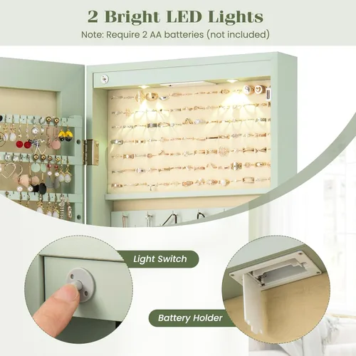 Miniatura 58 de Giantex Armario de joyería para puerta de pared con espejo de longitud completa, 2 LED con cerradura grande organizador de joyas con espejo ancho