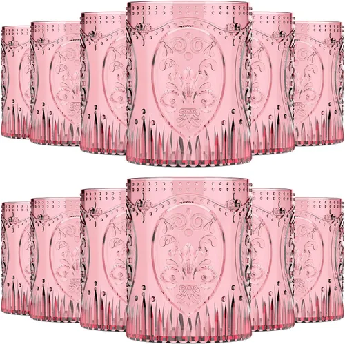 Miniatura 23 de Qinyoung 24 Vasos de Plástico Vintage para Beber de 8.5oz Copas de Vino Retro en Relieve Sin Pie Irrompibles Reutilizables para Baby Shower Negro