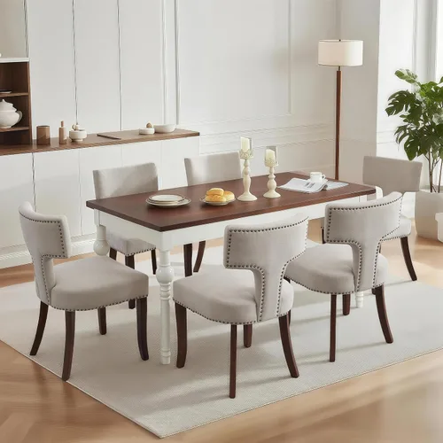 Miniatura 4 de SoarFlash Juego de 2 sillas de comedor modernas de madera, silla tapizada de tela de lino de granja, respaldo curvado con clavos de cobre alrededor