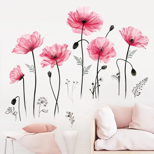 Miniatura 3 de decalmile Calcomanías de pared grandes con flores de amapola rosa, calcomanías de pared de flores florales para dormitorio, sala de estar, fondo