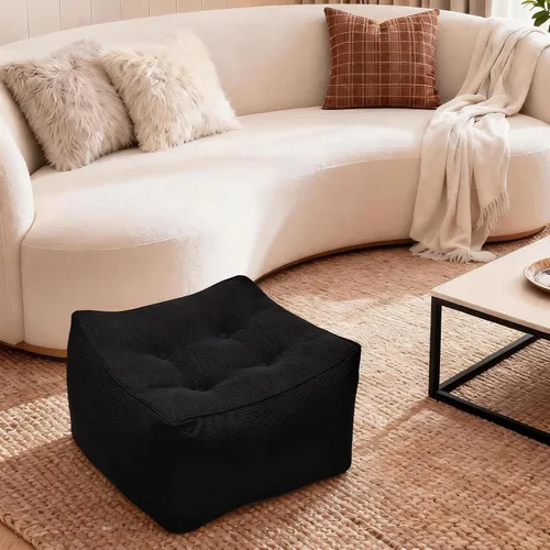 Miniatura 6 de Puf cuadrado de pana otomano, taburete suave y esponjoso con relleno de trozos de espuma, puf de piso y otomana de almacenamiento para sala de Negro